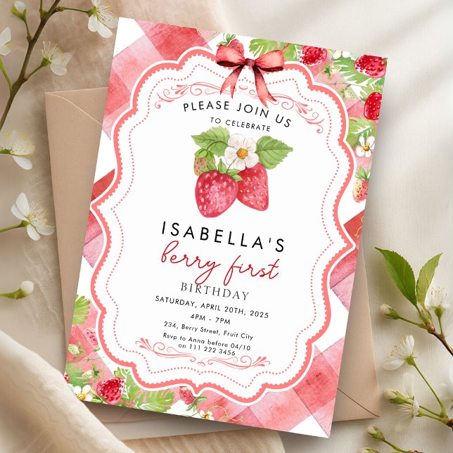 Berry First Strawberry 1st Summer Birthday Gingham Invitation (Berry First Strawberry 1st Summer Birthday Gingham Invitation)