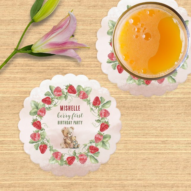 Berry First Strawberry and Bear Birthday Paper Coaster (Creator Uploaded)