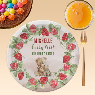 Berry First Strawberry and Bear Birthday Paper Plate