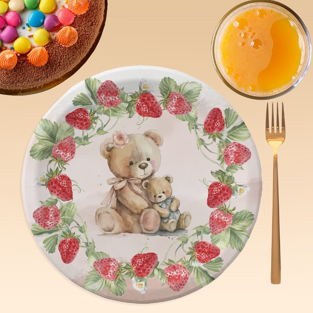 Berry First Strawberry and Bear Birthday Paper Plate (Creator Uploaded)