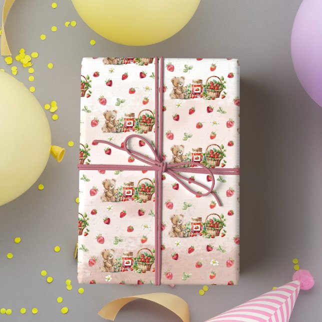 Berry First Strawberry and Bear Birthday Wrapping Paper (Creator Uploaded)