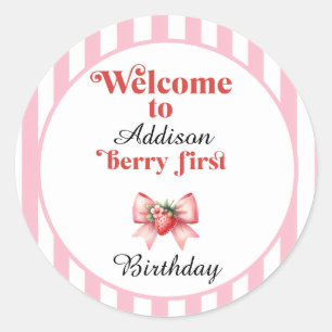 Berry First Strawberry and bow Birthday Classic Round Sticker