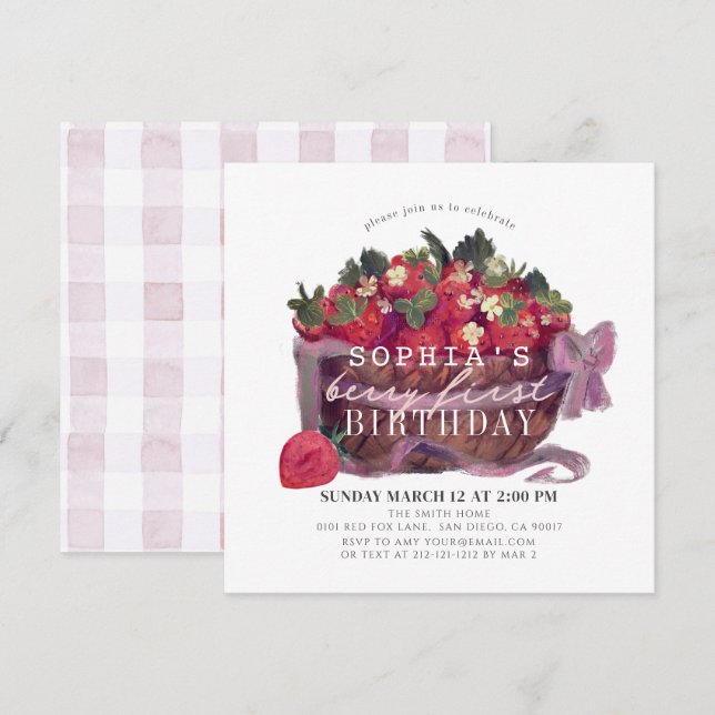 Berry First Strawberry Basket Girl 1st Birthday Invitation (Front/Back)