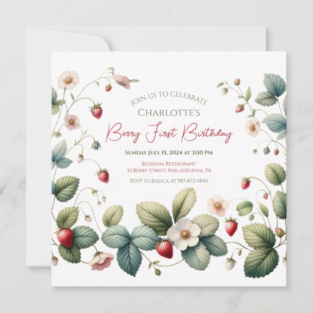 "Berry First" Strawberry Birthday Invitation (Front)