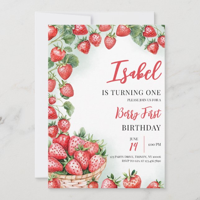 Berry First Strawberry Birthday Invitation (Front)
