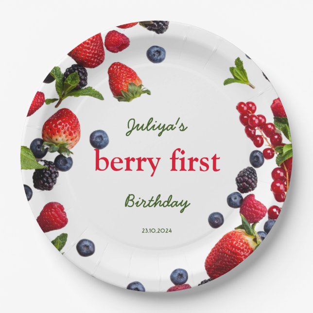  Berry First Strawberry birthday Paper Plate (Front)