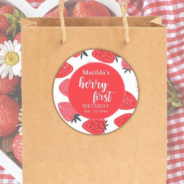  Berry First Strawberry Birthday Party Red Classic Round Sticker (Creator Uploaded)