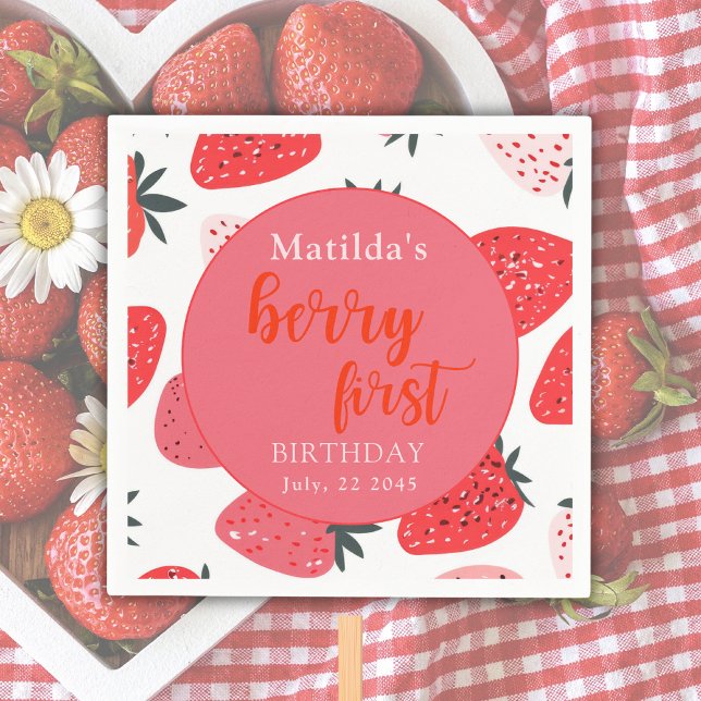  Berry First Strawberry Birthday Party Red Napkin (Creator Uploaded)