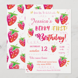 Berry First Strawberry Birthday Pary Invitation