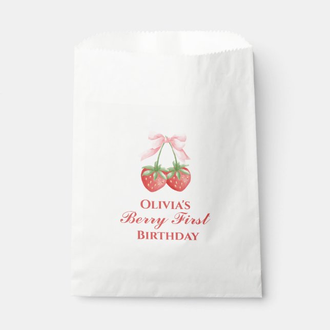 Berry first strawberry birthday Pink Bow Favour Bags (Front)