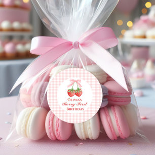 Berry first strawberry birthday Pink Bow Gingham Classic Round Sticker