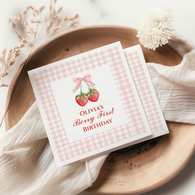 Berry first strawberry birthday Pink Bow Gingham Napkin (Creator Uploaded)