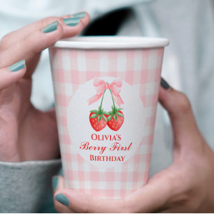 Berry First Strawberry birthday Pink Bow Gingham Paper Cups