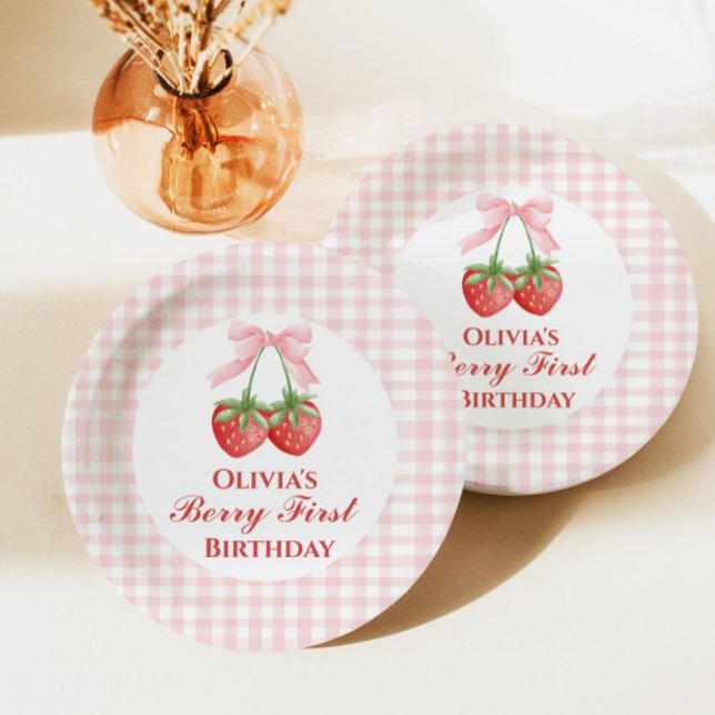 Berry first strawberry birthday Pink Bow Gingham Paper Plate (Creator Uploaded)