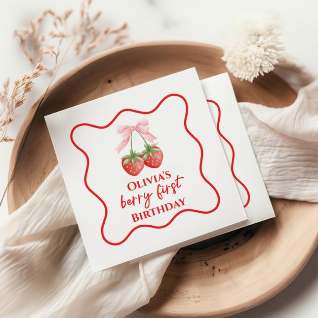 Berry first strawberry birthday Pink Bow Napkin (Creator Uploaded)