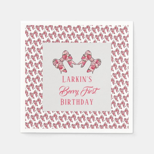 Berry first strawberry birthday Pink Bow Napkin (Front)