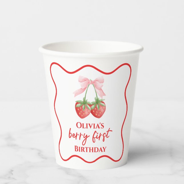 Berry first strawberry birthday Pink Bow Paper Cups (Front)