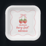 Berry first strawberry birthday Pink Bow Paper Plate<br><div class="desc">Berry first Strawberry birthday with pink bow.</div>
