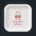 Berry first strawberry birthday Pink Bow Paper Plate<br><div class="desc">Berry first Strawberry birthday with pink bow.</div>