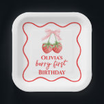 Berry first strawberry birthday Pink Bow Paper Plate<br><div class="desc">Berry first Strawberry birthday with pink bow.</div>