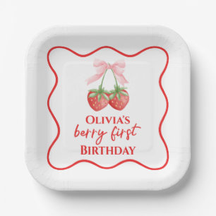 Berry first strawberry birthday Pink Bow Paper Plate