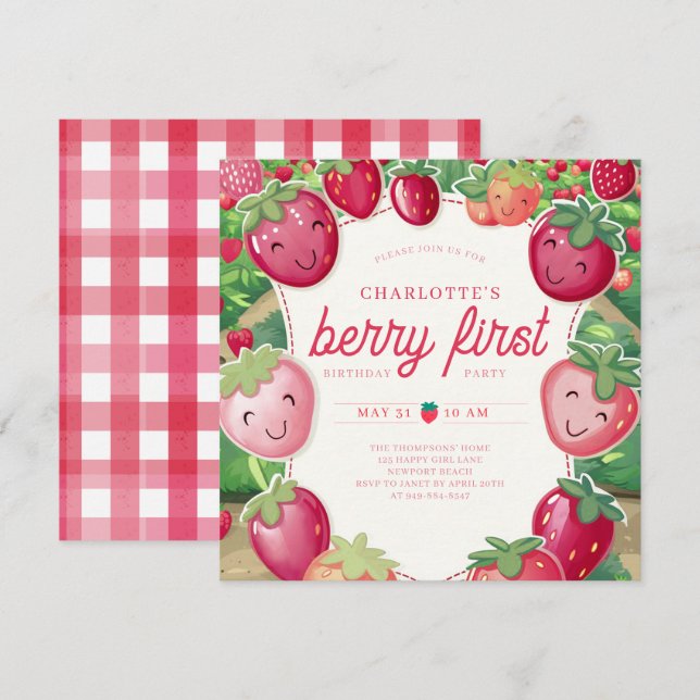 Berry First Strawberry Frame Sweet 1st Birthday Invitation (Front/Back)