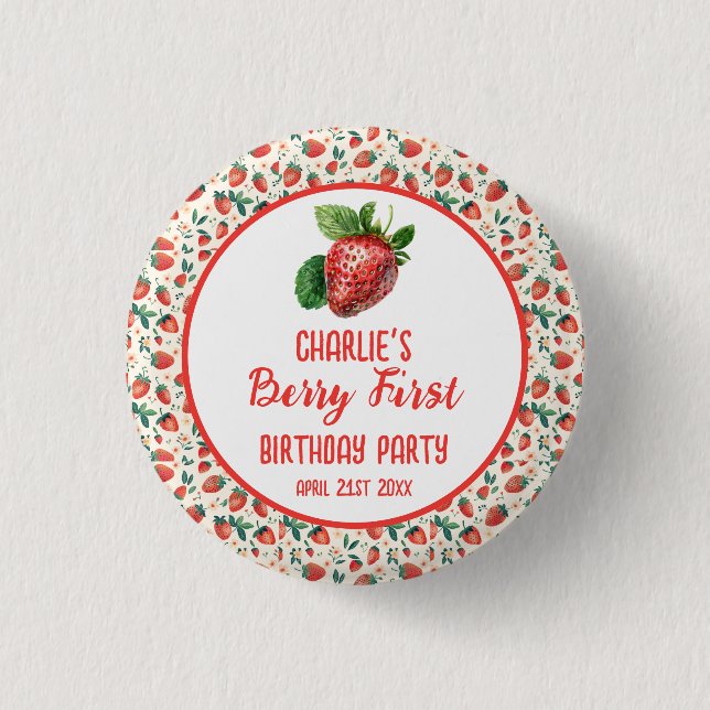 Berry First Strawberry Girl 1st Birthday Party  3 Cm Round Badge (Front)