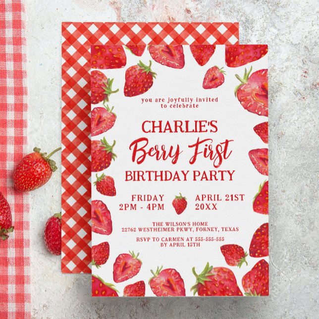 Berry First Strawberry Girl 1st Birthday Party Invitation (Creator Uploaded)