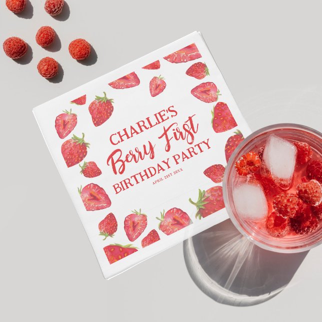 Berry First Strawberry Girl 1st Birthday Party Napkin (Creator Uploaded)