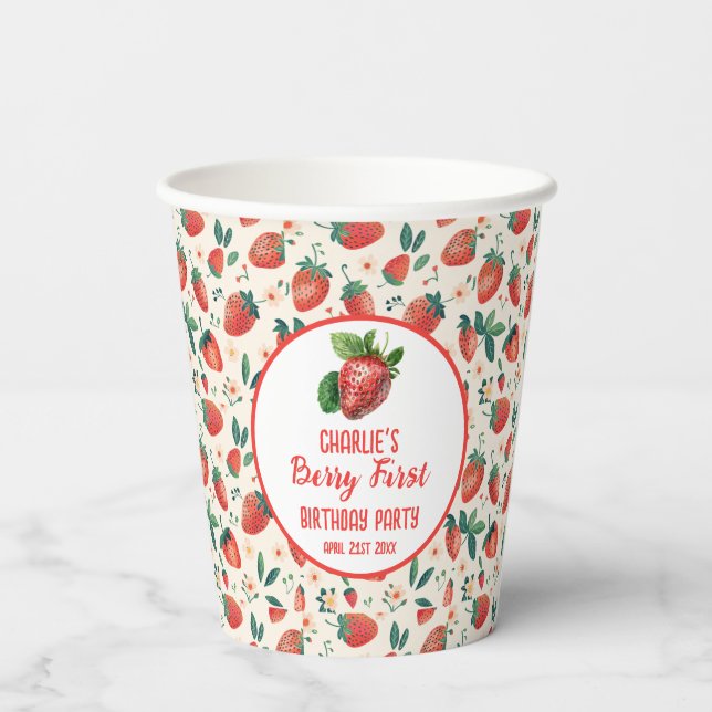 Berry First Strawberry Girl 1st Birthday Party Paper Cups (Back)