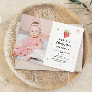 Berry First Strawberry Girl 1st Birthday Photo Invitation