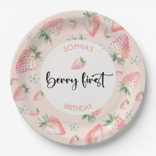 Berry first strawberry kids birthday paper plate