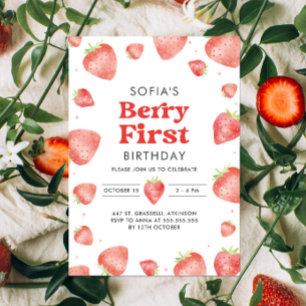 Berry First Strawberry Pattern 1st Summer Birthday Invitation