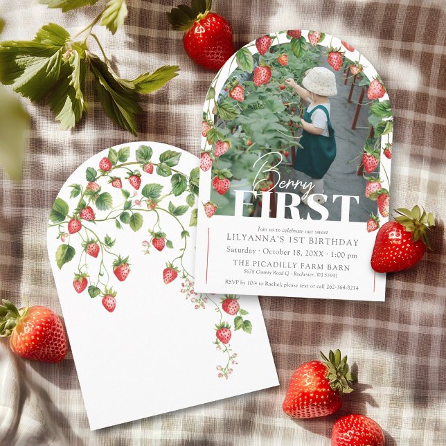 Berry First Strawberry Photo 1st Birthday Party Invitation (Modern Berry First watercolor strawberry fruit photo arch boho chic girl 1st birthday invitation)