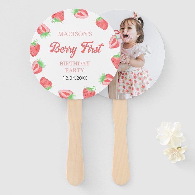 Berry First Strawberry Pink Birthday Party Photo Hand Fan (Front and Back)