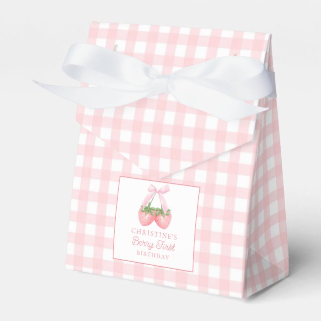 Berry First Strawberry Pink Bow 1st Birthday Favour Box (Front Side)