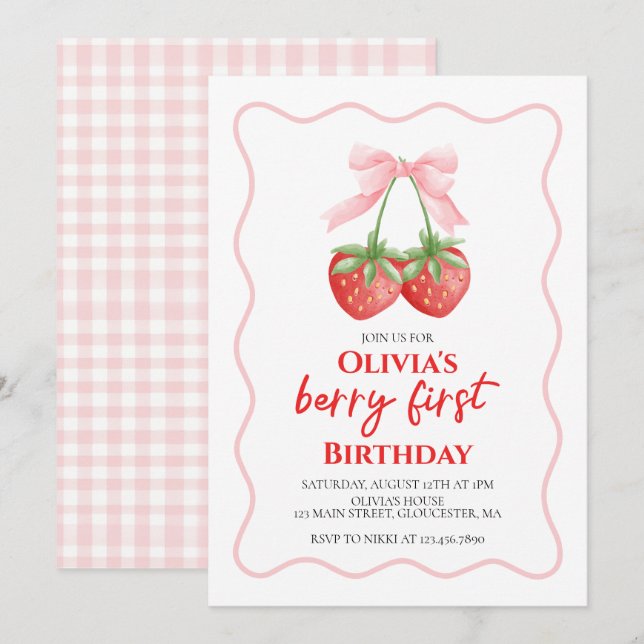 Berry First Strawberry Pink Bow 1st birthday Invitation (Front/Back)