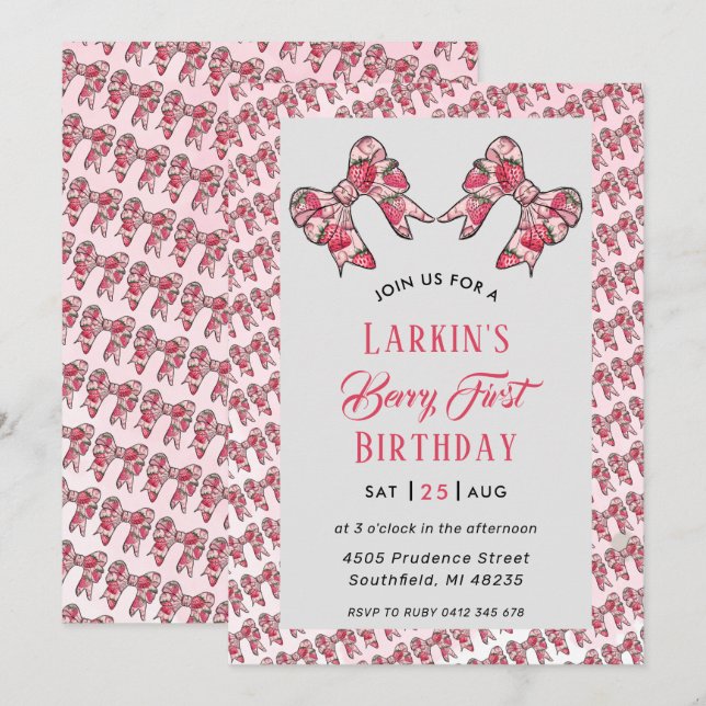 Berry First Strawberry Pink Bow 1st birthday Invitation (Front/Back)