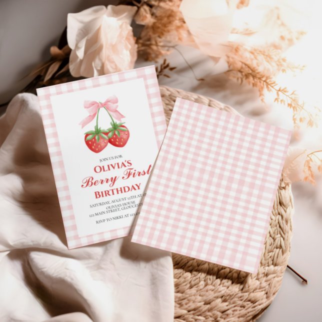 Berry First Strawberry Pink Bow 1st birthday Invitation (Creator Uploaded)