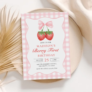 Berry First Strawberry Pink Bow 1st Birthday Invitation