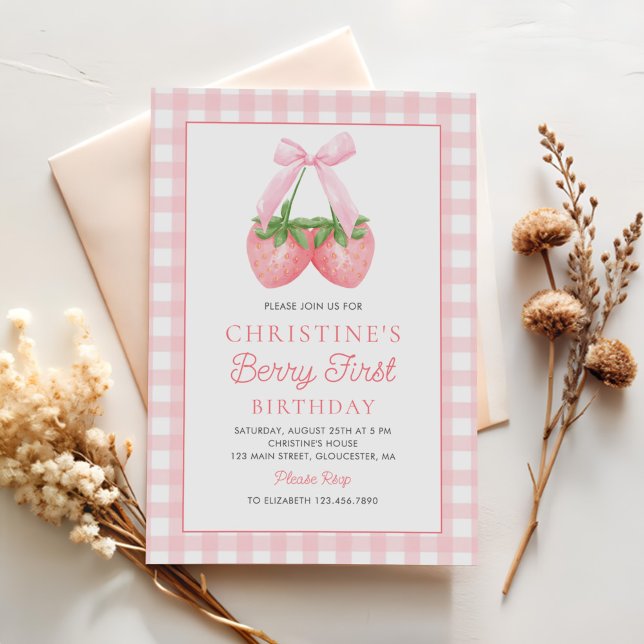 Berry First Strawberry Pink Bow 1st Birthday Invitation (Creator Uploaded)
