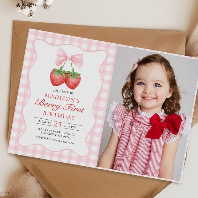 Berry First Strawberry Pink Bow 1st Birthday Photo Invitation (Creator Uploaded)