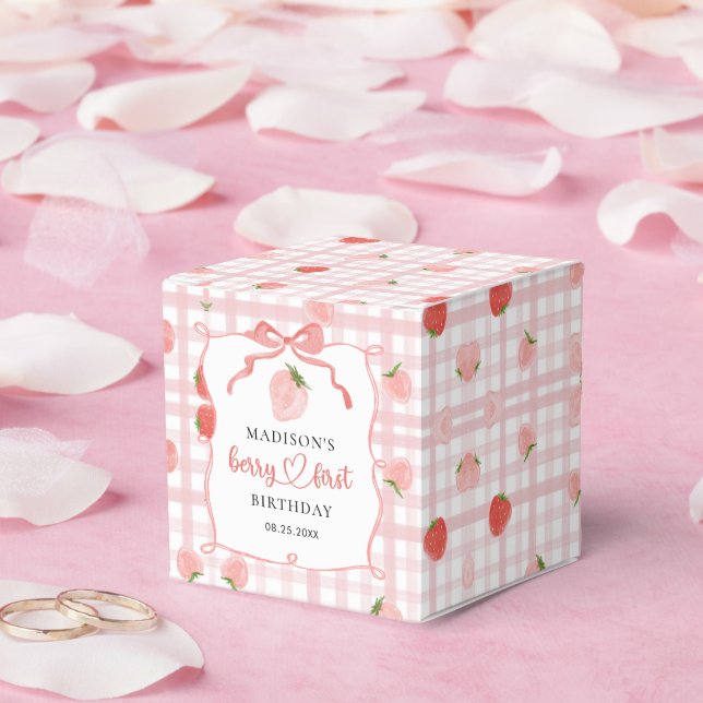 Berry First Strawberry Pink Gingham 1st Birthday Favour Box (Wedding)