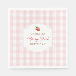 Berry First Strawberry Pink Gingham Birthday Party Napkin