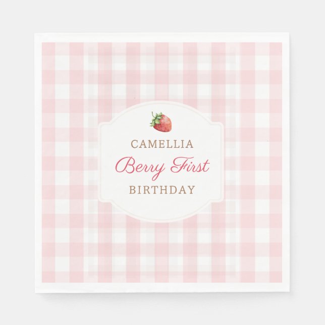 Berry First Strawberry Pink Gingham Birthday Party Napkin (Front)