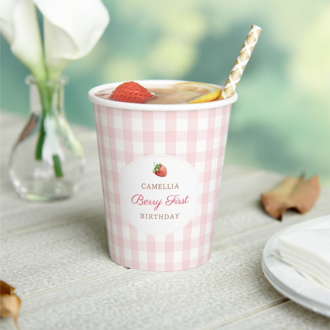 Berry First Strawberry Pink Gingham Birthday Party Paper Cups (Insitu)