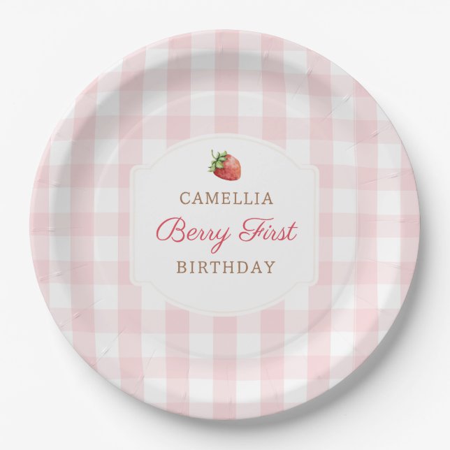 Berry First Strawberry Pink Gingham Birthday Party Paper Plate (Front)