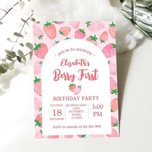 Berry First Strawberry Pink Girl's Birthday Party Invitation (Creator Uploaded)