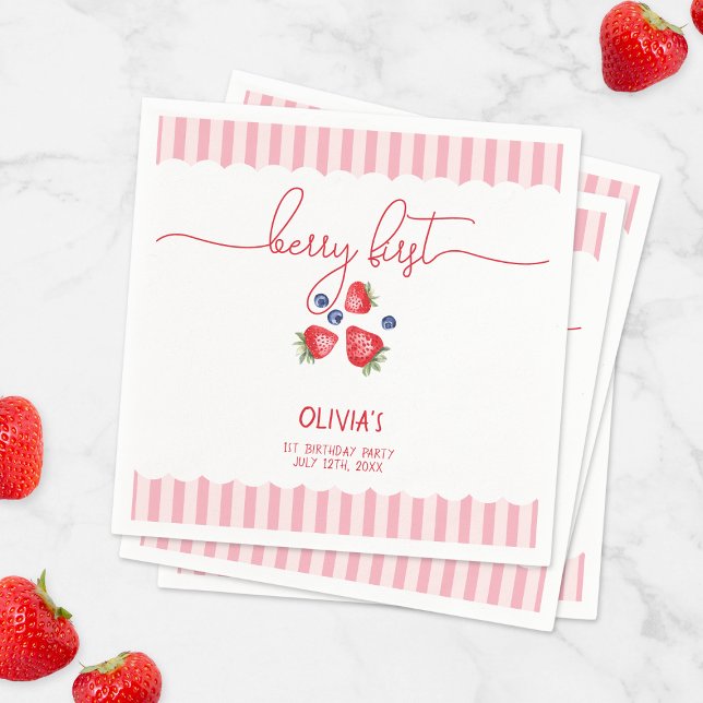 Berry First Strawberry Red Girl 1st Birthday Party Napkin (Berry First Strawberry Red Girl 1st Birthday Party Napkins)