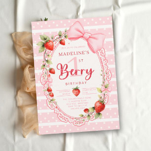 Berry First Strawberry Stripes Doily 1st Birthday Invitation